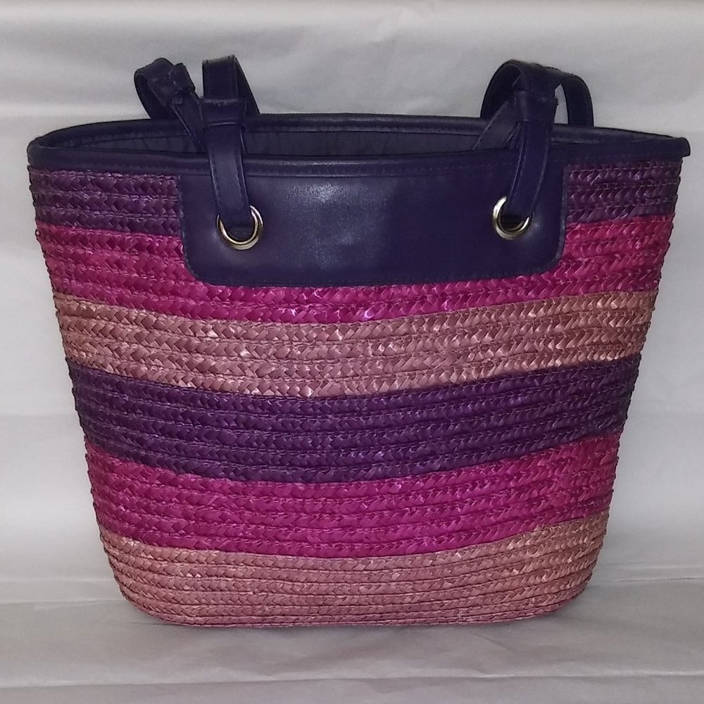 White Stag Pink and Purple Woven Straw Tote